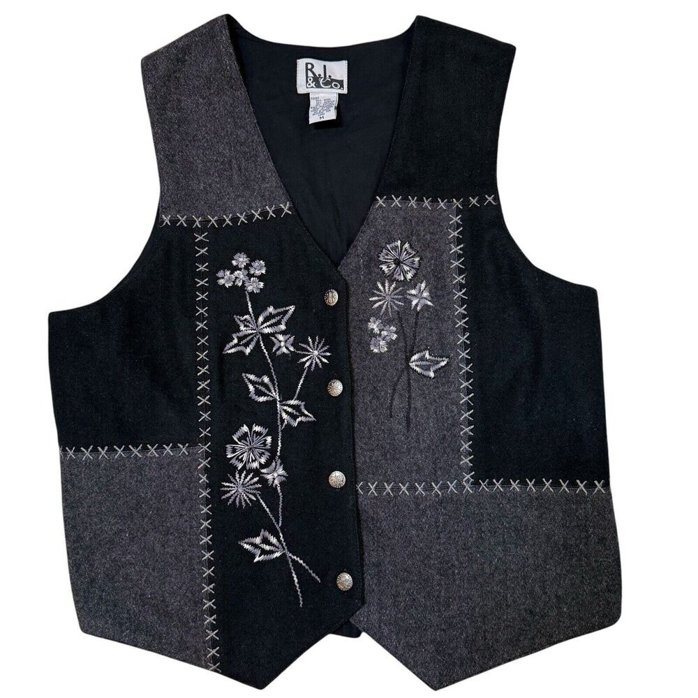 R.J. & Co‎ Vintage 80s Vest Wool Blend Patchwork Embroidered Womens Medium
